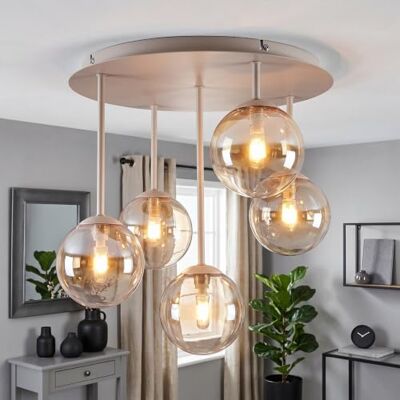HOFSTEIN Deckenleuchte Chehalis, moderne Deckenlampe aus Metall/Glas in Sand/Weiß/Bernstein/Klar, Leuchte im Retro/Vintage-Design, Schirme Ø 12 cm, 5 x G9, Esszimmer, Küche, Wohnzimmer, Schlafzimmer HOFSTEIN Deckenleuchte Chehalis, moderne Deckenlampe aus Metall/Glas in Sand/Weiß/Bernstein/Klar, Leuchte im Retro/Vintage-Design, Schirme Ø 12 cm, 5 x G9, Esszimmer, Küche, Wohnzimmer, Schlafzimmer