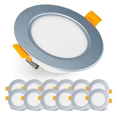 Emos Exclusive Einbaustrahler LED Spots 230V, 5W, 500lm, 3000K warmweiß Set mit 12 Downlight Spots Badezimmer etc., wasserdicht IP54 LED Einbaustrahler 230V, rund Ø 95mm, ultra flach, silber Emos Exclusive Einbaustrahler LED Spots 230V, 5W, 500lm, 3000K warmweiß Set mit 12 Downlight Spots Badezimmer etc., wasserdicht IP54 LED Einbaustrahler 230V, rund Ø 95mm, ultra flach, silber