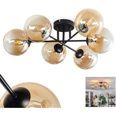HOFSTEIN Deckenleuchte Chehalis, 6-flammige Deckenlampe aus Metall/Glas in Schwarz/Bernstein/Klar, Leuchte im Retro/Vintage-Design, Ø Schirme 15 cm, G9, Esszimmer, Schlafzimmer, Wohnzimmer, Küche HOFSTEIN Deckenleuchte Chehalis, 6-flammige Deckenlampe aus Metall/Glas in Schwarz/Bernstein/Klar, Leuchte im Retro/Vintage-Design, Ø Schirme 15 cm, G9, Esszimmer, Schlafzimmer, Wohnzimmer, Küche