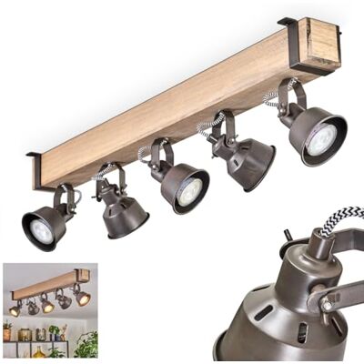 HOFSTEIN Deckenleuchte Pehefito, 5-flammige Deckenlampe aus Metall/Holz in Grau/Natur, verstellbare Leuchte im Industrial/Retro/Vintage-Design mit Holzbalken, GU10, Esszimmer, Wohnzimmer, Küche, Flur HOFSTEIN Deckenleuchte Pehefito, 5-flammige Deckenlampe aus Metall/Holz in Grau/Natur, verstellbare Leuchte im Industrial/Retro/Vintage-Design mit Holzbalken, GU10, Esszimmer, Wohnzimmer, Küche, Flur