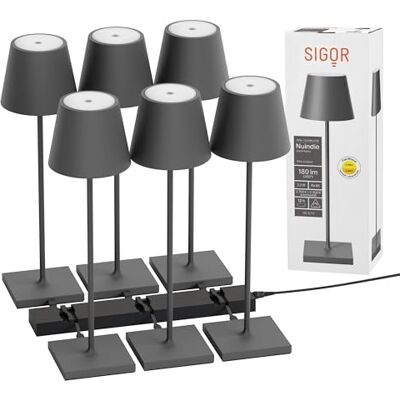 SIGOR Nuindie 2.0 Akku-Tischlampe, 6er-Set mit Ladestation, graphitgrau Dimmbar • Indoor & Outdoor • IP54 • 38 cm • USB-C • 12 h Leuchtdauer • inkl. 6-fach Ladestation SIGOR Nuindie 2.0 Akku-Tischlampe, 6er-Set mit Ladestation, graphitgrau Dimmbar • Indoor & Outdoor • IP54 • 38 cm • USB-C • 12 h Leuchtdauer • inkl. 6-fach Ladestation