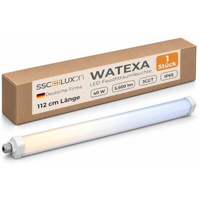 SSC-LUXon WATEXA Feuchtraumlampe LED 1120cm 40W 5500lm 3 Lichtfarben IP65 Garagenlampe für Werkstatt, Keller & Carport LED Wannenleuchte mit 2700K 4000K 6500K erweiterbar mit bis zu 6 Leuchten SSC-LUXon WATEXA Feuchtraumlampe LED 1120cm 40W 5500lm 3 Lichtfarben IP65 Garagenlampe für Werkstatt, Keller & Carport LED Wannenleuchte mit 2700K 4000K 6500K erweiterbar mit bis zu 6 Leuchten