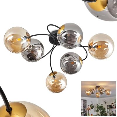 HOFSTEIN Deckenleuchte Chehalis, 6-flammige Deckenlampe aus Metall/Glas in Schwarz/Gold/Rauch/Bernstein, Leuchte im Vintage-Design, Ø Schirme 15 cm, G9, Esszimmer, Schlafzimmer, Wohnzimmer, Küche HOFSTEIN Deckenleuchte Chehalis, 6-flammige Deckenlampe aus Metall/Glas in Schwarz/Gold/Rauch/Bernstein, Leuchte im Vintage-Design, Ø Schirme 15 cm, G9, Esszimmer, Schlafzimmer, Wohnzimmer, Küche