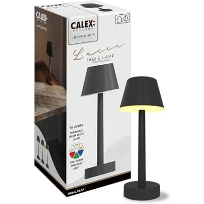 CALEX Lucca Tischlampe, wiederaufladbar, kabellos, dimmbar, Farben & warmweißes Licht, wasserdicht, Schwarz CALEX Lucca Tischlampe, wiederaufladbar, kabellos, dimmbar, Farben & warmweißes Licht, wasserdicht, Schwarz