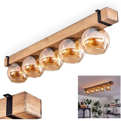 HOFSTEIN Deckenleuchte Montgomery, Deckenlampe aus Holz/Metall/Glas in Natur/Schwarz/Bernstein, Leuchte im skandinavischen Design mit Holzbalken, 5 x E27, Schlafzimmer, Wohnzimmer, Küche, Esszimmer HOFSTEIN Deckenleuchte Montgomery, Deckenlampe aus Holz/Metall/Glas in Natur/Schwarz/Bernstein, Leuchte im skandinavischen Design mit Holzbalken, 5 x E27, Schlafzimmer, Wohnzimmer, Küche, Esszimmer