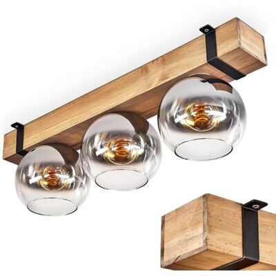 HOFSTEIN Deckenleuchte Montgomery, Deckenlampe aus Holz/Metall/Glas in Natur/Schwarz/Chrom/Rauch/Klar, Leuchte im Retro/Vintage-Design mit Holzbalken, 3xE27, Schlafzimmer, Wohnzimmer, Küche, Esszimmer HOFSTEIN Deckenleuchte Montgomery, Deckenlampe aus Holz/Metall/Glas in Natur/Schwarz/Chrom/Rauch/Klar, Leuchte im Retro/Vintage-Design mit Holzbalken, 3xE27, Schlafzimmer, Wohnzimmer, Küche, Esszimmer