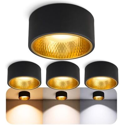 SSC-LUXon 4er Set OLINO Aufbaustrahler schwarz gold rund mit wechselbare Optik Deckenlampe warmweiß LED Lampe GX53 230 Volt SSC-LUXon 4er Set OLINO Aufbaustrahler schwarz gold rund mit wechselbare Optik Deckenlampe warmweiß LED Lampe GX53 230 Volt