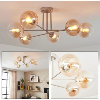 HOFSTEIN Deckenleuchte Gastor, 6-flammige Deckenlampe aus Metall/Glas in Sandfarben/Bernsteinfarben/Klar, moderne Leuchte im Retro/Vintage-Design, E14, Esszimmer, Küche, Wohnzimmer, Schlafzimmer HOFSTEIN Deckenleuchte Gastor, 6-flammige Deckenlampe aus Metall/Glas in Sandfarben/Bernsteinfarben/Klar, moderne Leuchte im Retro/Vintage-Design, E14, Esszimmer, Küche, Wohnzimmer, Schlafzimmer