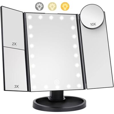 HIYAA Schminkspiegel mit 22 LED-Leuchten Beleuchtung, Faltbare Kosmetikspiegel mit 1X/2X/3X/10XVergrößerung, Schminkspiegel mit Touch Beleuchtung, Tischspiegel Unterstützung USB, Schwarz HIYAA Schminkspiegel mit 22 LED-Leuchten Beleuchtung, Faltbare Kosmetikspiegel mit 1X/2X/3X/10XVergrößerung, Schminkspiegel mit Touch Beleuchtung, Tischspiegel Unterstützung USB, Schwarz