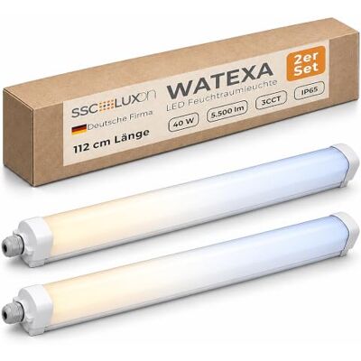 SSC-LUXon 2x WATEXA Wannenleuchte LED 112cm 40W 5500lm 3 Lichtfarben IP65 Erweiterbare Feuchtraumleuchte 2er Pack für Keller, Carport & Hallen Decken Röhrenlampe LED mit 2700K 4000K 6500K SSC-LUXon 2x WATEXA Wannenleuchte LED 112cm 40W 5500lm 3 Lichtfarben IP65 Erweiterbare Feuchtraumleuchte 2er Pack für Keller, Carport & Hallen Decken Röhrenlampe LED mit 2700K 4000K 6500K