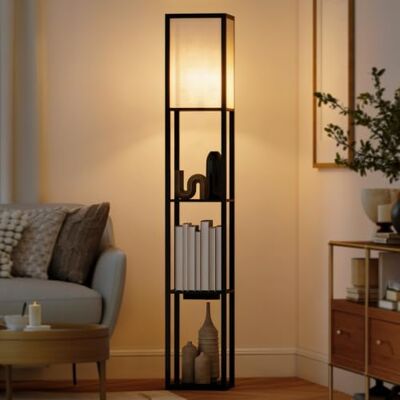 HOMCOM Stehlampe mit Regalen, Wohnzimmer Stehleuchte mit E27 Fassung bis 40W, Nachttischlampe mit Lampenschirm aus Acryl, Standlampe für Schlafzimmer, Arbeitszimmer, Büro, Schwarz HOMCOM Stehlampe mit Regalen, Wohnzimmer Stehleuchte mit E27 Fassung bis 40W, Nachttischlampe mit Lampenschirm aus Acryl, Standlampe für Schlafzimmer, Arbeitszimmer, Büro, Schwarz