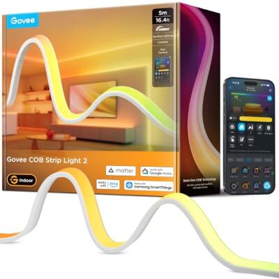 Govee COB Strip Light 2, RGBIC LED Streifen 5m, 1.000K-10.000K mit Matter Luminblend+, kompatibel mit Alexa, Google Home, Matter & SmartThings, schlank, für Schlafzimmer Govee COB Strip Light 2, RGBIC LED Streifen 5m, 1.000K-10.000K mit Matter Luminblend+, kompatibel mit Alexa, Google Home, Matter & SmartThings, schlank, für Schlafzimmer