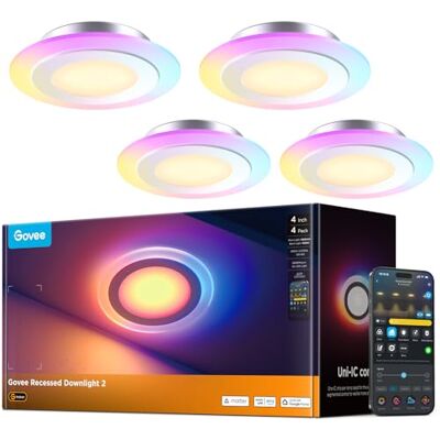 Govee Einbaustrahler LED 2, 900lm RGBWW 99mm Spots Deckenleuchte, 4 Stück 2700K-6500K Dimmbare, 230V Externe Treiberbox-LEDs haben eine Längere Lebensdauer, 80 Szenenmodi, Smart-Home Integration Govee Einbaustrahler LED 2, 900lm RGBWW 99mm Spots Deckenleuchte, 4 Stück 2700K-6500K Dimmbare, 230V Externe Treiberbox-LEDs haben eine Längere Lebensdauer, 80 Szenenmodi, Smart-Home Integration