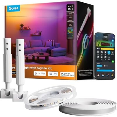 Govee LED Strip mit Skyline Kit, RGBWWIC LED Streifen, 4m Kompatibel mit Matter, Alexa und Google, 154+ Szenen, Segmentierte Farbsteuerung, Schwebende Wandmontage Govee LED Strip mit Skyline Kit, RGBWWIC LED Streifen, 4m Kompatibel mit Matter, Alexa und Google, 154+ Szenen, Segmentierte Farbsteuerung, Schwebende Wandmontage