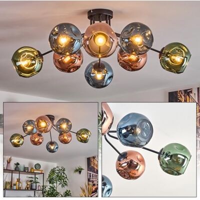 HOFSTEIN Deckenleuchte Ripoll, 8-flammige Deckenlampe aus Metall/Glas in Schwarz/Blau/Grün/Kupfer, Leuchte im Retro/Vintage-Design (Schirme Ø 15 cm), E14, Esszimmer, Wohnzimmer, Schlafzimmer, Büro HOFSTEIN Deckenleuchte Ripoll, 8-flammige Deckenlampe aus Metall/Glas in Schwarz/Blau/Grün/Kupfer, Leuchte im Retro/Vintage-Design (Schirme Ø 15 cm), E14, Esszimmer, Wohnzimmer, Schlafzimmer, Büro