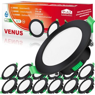 Maxkomfort LED Einbaustrahler flach 7W Dimmbar Bad schwarz VENUS IP44, 110°, 770 Lumen, 68mm Warmweiß Neutralweiß Kaltweiß Einbauspot, Deckenstrahler Deckenspot 12er SET Maxkomfort LED Einbaustrahler flach 7W Dimmbar Bad schwarz VENUS IP44, 110°, 770 Lumen, 68mm Warmweiß Neutralweiß Kaltweiß Einbauspot, Deckenstrahler Deckenspot 12er SET