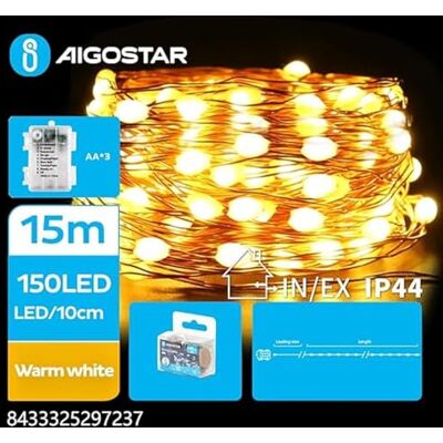 Aigostar Glowster LED-Lichterkette, Kupferdraht, 3AA-Batterie, 15 m, warmweiß, ideal für Innen- und Außendekoration Aigostar Glowster LED-Lichterkette, Kupferdraht, 3AA-Batterie, 15 m, warmweiß, ideal für Innen- und Außendekoration
