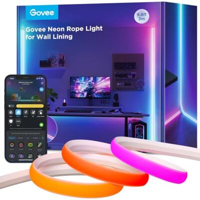 Govee Neon LED Strip für Sockelleiste, 3M RGBIC LED Streifen, Sanftes Licht Streifen Matter-Kompatible für Wandlinien und Ecken, Musiksync, Zuschneidbar, Neon Licht Deko für Wohnzimmer, Korridor Govee Neon LED Strip für Sockelleiste, 3M RGBIC LED Streifen, Sanftes Licht Streifen Matter-Kompatible für Wandlinien und Ecken, Musiksync, Zuschneidbar, Neon Licht Deko für Wohnzimmer, Korridor