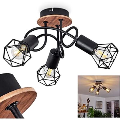 HOFSTEIN Deckenleuchte Baripada, Deckenlampe aus Metall/Holz in Schwarz/Naturfarben, Leuchte im Retro/Vintage-Design, Lichteffekt durch Gitter-Optik, 3 x E14, Wohnzimmer, Esszimmer, Schlafzimmer HOFSTEIN Deckenleuchte Baripada, Deckenlampe aus Metall/Holz in Schwarz/Naturfarben, Leuchte im Retro/Vintage-Design, Lichteffekt durch Gitter-Optik, 3 x E14, Wohnzimmer, Esszimmer, Schlafzimmer