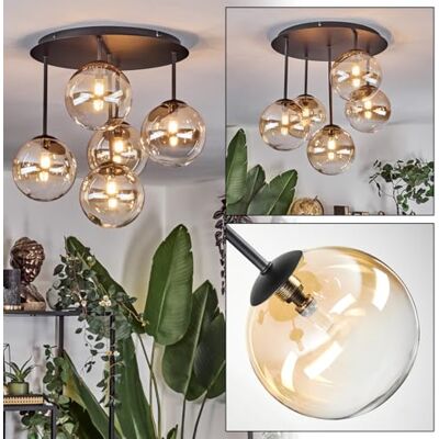 HOFSTEIN Deckenleuchte Chehalis, 5-flammige Deckenlampe aus Metall/Glas in Schwarz/Bernstein/Klar, Leuchte im Retro/Vintage-Design (Schirme Ø 15 cm), G9, Esszimmer, Wohnzimmer, Schlafzimmer, Küche HOFSTEIN Deckenleuchte Chehalis, 5-flammige Deckenlampe aus Metall/Glas in Schwarz/Bernstein/Klar, Leuchte im Retro/Vintage-Design (Schirme Ø 15 cm), G9, Esszimmer, Wohnzimmer, Schlafzimmer, Küche