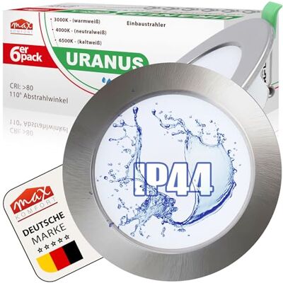 Maxkomfort 6x LED Bad Einbaustrahler flach 7 Watt URANUS IP44 110° 690 LM 90mm Warmweiß Neutralweiß Kaltweiß Feuchtraum Edelstahl-Optik Panel Einbauspot Maxkomfort 6x LED Bad Einbaustrahler flach 7 Watt URANUS IP44 110° 690 LM 90mm Warmweiß Neutralweiß Kaltweiß Feuchtraum Edelstahl-Optik Panel Einbauspot