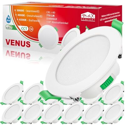 Maxkomfort LED Einbaustrahler flach 7W Dimmbar Bad weiß VENUS IP44, 110°, 770 Lumen, 68mm Warmweiß Neutralweiß Kaltweiß Einbauspot, Deckenstrahler Deckenspot 12er SET Maxkomfort LED Einbaustrahler flach 7W Dimmbar Bad weiß VENUS IP44, 110°, 770 Lumen, 68mm Warmweiß Neutralweiß Kaltweiß Einbauspot, Deckenstrahler Deckenspot 12er SET