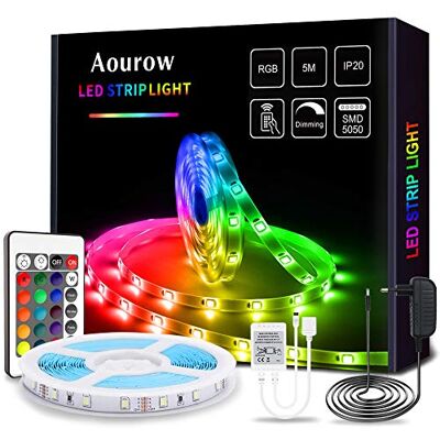 Aourow LED Licht Streifen/LED Strip, 5m Farbänderung RGB LED Stripes Lichtband inkl.Fernbedienung und Netzteil,5050 SMD Flexibel LED Lichterkette mit Selbstklebend für Heimwerkerdekoration Aourow LED Licht Streifen/LED Strip, 5m Farbänderung RGB LED Stripes Lichtband inkl.Fernbedienung und Netzteil,5050 SMD Flexibel LED Lichterkette mit Selbstklebend für Heimwerkerdekoration