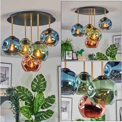 HOFSTEIN Deckenleuchte Ripoll, 5-flammige Deckenlampe aus Metall/Glas in Schwarz/Messing/Blau/Grün/Kupfer, Leuchte im Retro/Vintage-Design (Schirme Ø 15 cm), E14, Esszimmer, Wohnzimmer, Schlafzimmer HOFSTEIN Deckenleuchte Ripoll, 5-flammige Deckenlampe aus Metall/Glas in Schwarz/Messing/Blau/Grün/Kupfer, Leuchte im Retro/Vintage-Design (Schirme Ø 15 cm), E14, Esszimmer, Wohnzimmer, Schlafzimmer