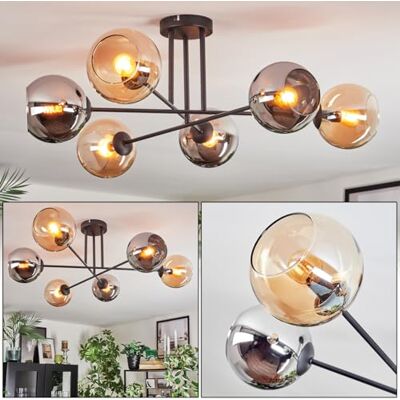 HOFSTEIN Deckenleuchte Koyoto, 6-flammige Deckenlampe aus Metall/Glas in Schwarz/Chrom/Rauch/Bernstein, Leuchte im Retro/Vintage-Design (Schirme Ø 15 cm), E14, Esszimmer, Wohnzimmer, Schlafzimmer HOFSTEIN Deckenleuchte Koyoto, 6-flammige Deckenlampe aus Metall/Glas in Schwarz/Chrom/Rauch/Bernstein, Leuchte im Retro/Vintage-Design (Schirme Ø 15 cm), E14, Esszimmer, Wohnzimmer, Schlafzimmer