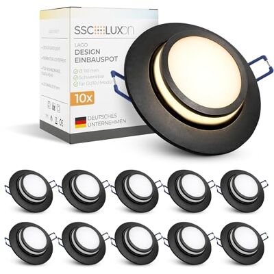 SSC-LUXon LAGO Einbaustrahler 10er Set schwarz schwenkbar für LED-Modul Zehn schwenkbare Einbauspots schwarz mit indirektem Licht für Akzente in Wohnzimmer & Küche, für LED-Modul, ohne Lampe SSC-LUXon LAGO Einbaustrahler 10er Set schwarz schwenkbar für LED-Modul Zehn schwenkbare Einbauspots schwarz mit indirektem Licht für Akzente in Wohnzimmer & Küche, für LED-Modul, ohne Lampe