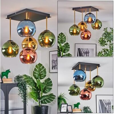 HOFSTEIN Deckenleuchte Koyoto, 5-flammige Deckenlampe aus Metall/Glas in Schwarz/Gold/Blau/Grün/Kupfer, Leuchte im Retro/Vintage-Design (Ø Schirme 15 cm), E14, Esszimmer, Wohnzimmer, Schlafzimmer HOFSTEIN Deckenleuchte Koyoto, 5-flammige Deckenlampe aus Metall/Glas in Schwarz/Gold/Blau/Grün/Kupfer, Leuchte im Retro/Vintage-Design (Ø Schirme 15 cm), E14, Esszimmer, Wohnzimmer, Schlafzimmer
