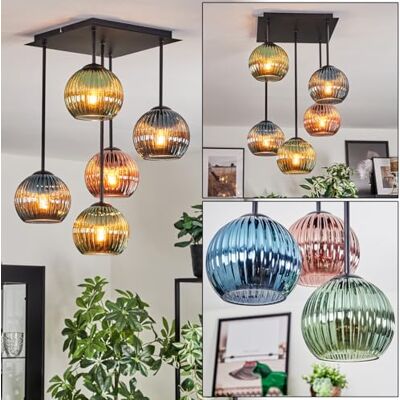 HOFSTEIN Deckenleuchte Koyoto, 5-flammige Deckenlampe aus Metall/Riffelglas in Schwarz/Kupfer/Grün/Blau, Leuchte im Retro/Vintage-Design (Schirme Ø 15 cm), E14, Esszimmer, Wohnzimmer, Schlafzimmer HOFSTEIN Deckenleuchte Koyoto, 5-flammige Deckenlampe aus Metall/Riffelglas in Schwarz/Kupfer/Grün/Blau, Leuchte im Retro/Vintage-Design (Schirme Ø 15 cm), E14, Esszimmer, Wohnzimmer, Schlafzimmer