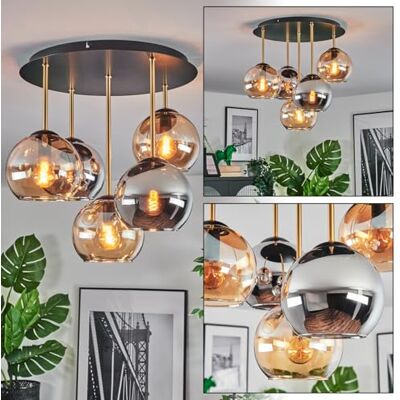 HOFSTEIN Deckenleuchte Koyoto, 5-flammige Deckenlampe aus Metall/Glas in Schwarz/Messing/Bernstein/Klar/Chrom/Rauch, Leuchte im Retro-Design (Schirme Ø 15 cm), E14, Esszimmer, Wohnzimmer, Schlafzimmer HOFSTEIN Deckenleuchte Koyoto, 5-flammige Deckenlampe aus Metall/Glas in Schwarz/Messing/Bernstein/Klar/Chrom/Rauch, Leuchte im Retro-Design (Schirme Ø 15 cm), E14, Esszimmer, Wohnzimmer, Schlafzimmer