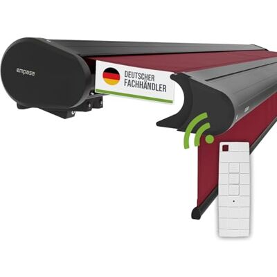 empasa Elektrische Vollkassettenmarkise 'Premium' Kassettenmarkise Gelenkarmmarkise Markise Sonnenschutz mit manuell ausfahrbarem Volant, komplett vormontiert, Farbe:weinrot, Größe:3 x 2.5 m empasa Elektrische Vollkassettenmarkise 'Premium' Kassettenmarkise Gelenkarmmarkise Markise Sonnenschutz mit manuell ausfahrbarem Volant, komplett vormontiert, Farbe:weinrot, Größe:3 x 2.5 m