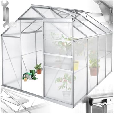 tectake ® Aluminium Gewächshaus, 250x185x195 cm, Treibhaus, Tomatenhaus, Frühbeet, Pflanzenhaus, UV beständig, 4 mm Platte, Schiebetür & Dachfenster, Schutz vor Kälte, Regen und Frost ohne Fundament tectake ® Aluminium Gewächshaus, 250x185x195 cm, Treibhaus, Tomatenhaus, Frühbeet, Pflanzenhaus, UV beständig, 4 mm Platte, Schiebetür & Dachfenster, Schutz vor Kälte, Regen und Frost ohne Fundament