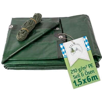 TTL GARDEN Premium Abdeckplane 1,5x6m 210g/m² grün + 17m Seil reißfest wasserdicht mit Ösen PE Gewebeplane verstärkte Ecken & Kanten wetterfest UV-beständig Schutzplane Holz Abdeck Plane Tarp TTL GARDEN Premium Abdeckplane 1,5x6m 210g/m² grün + 17m Seil reißfest wasserdicht mit Ösen PE Gewebeplane verstärkte Ecken & Kanten wetterfest UV-beständig Schutzplane Holz Abdeck Plane Tarp
