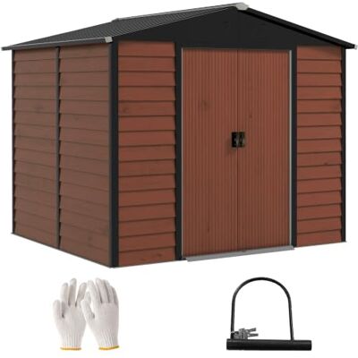 Outsunny Gerätehaus 4,4 m² Gartenhaus Pultdach 240x206x198 cm Teak Schiebetür, Fundament, Einfach Montage, Geräteschuppen aus Verzinkter Stahl, Wetterfest, für Garten Outsunny Gerätehaus 4,4 m² Gartenhaus Pultdach 240x206x198 cm Teak Schiebetür, Fundament, Einfach Montage, Geräteschuppen aus Verzinkter Stahl, Wetterfest, für Garten