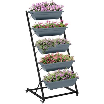 Outsunny 5-Etagen Pflanzenständer, 145 cm hoch Blumenständer mit Rollen Töpfe, Pflanzenregal aus Stahl, mehrstöckig Blumenregal, Blumentreppe Blumentopfständer für Garten Balkon, Grau Outsunny 5-Etagen Pflanzenständer, 145 cm hoch Blumenständer mit Rollen Töpfe, Pflanzenregal aus Stahl, mehrstöckig Blumenregal, Blumentreppe Blumentopfständer für Garten Balkon, Grau