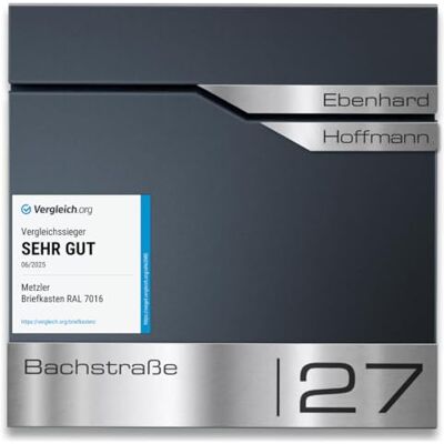 Metzler Briefkasten Anthrazit RAL 7016 personalisierbar mit Zeitungsfach – Wandbriefkasten mit 2 Edelstahl Namensschildern, Hausnummer & Namen Gravur, wetterfest, abschließbar, DIN A4 Einwurf Metzler Briefkasten Anthrazit RAL 7016 personalisierbar mit Zeitungsfach – Wandbriefkasten mit 2 Edelstahl Namensschildern, Hausnummer & Namen Gravur, wetterfest, abschließbar, DIN A4 Einwurf