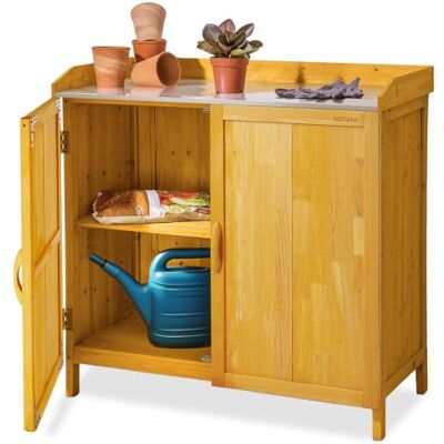 tectake ® Pflanztisch Outdoor, Balkontisch mit Unterschrank aus Holz, 98 x 48 x 95 cm, Gartenschrank, Balkonschrank mit verzinkter Arbeitsplatte, Aufbewahrungsschrank für Garten mit 2 Regalböden tectake ® Pflanztisch Outdoor, Balkontisch mit Unterschrank aus Holz, 98 x 48 x 95 cm, Gartenschrank, Balkonschrank mit verzinkter Arbeitsplatte, Aufbewahrungsschrank für Garten mit 2 Regalböden