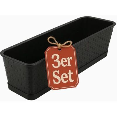 BigDean 3X Blumenkasten mit Untersetzer 80 cm lang Rattan-Optik anthrazit Balkon Pflanzkasten schmal Balkonkasten aus PP-Kunststoff Wetterfest & Langlebig BigDean 3X Blumenkasten mit Untersetzer 80 cm lang Rattan-Optik anthrazit Balkon Pflanzkasten schmal Balkonkasten aus PP-Kunststoff Wetterfest & Langlebig