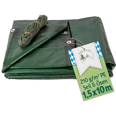 TTL GARDEN Premium Abdeckplane 1,5x10m 210g/m² grün + 25m Seil reißfest wasserdicht mit Ösen PE Gewebeplane verstärkte Ecken & Kanten wetterfest UV-beständig Schutzplane Holz Abdeck Plane Tarp TTL GARDEN Premium Abdeckplane 1,5x10m 210g/m² grün + 25m Seil reißfest wasserdicht mit Ösen PE Gewebeplane verstärkte Ecken & Kanten wetterfest UV-beständig Schutzplane Holz Abdeck Plane Tarp