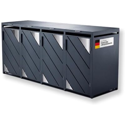 Metzler Mülltonnenbox 4er 240L Anthrazit mit Edelstahl Akzenten Mülltonnenverkleidung für 4 Tonnen aus verzinktem Stahl wetterfest mit Automatikdeckel und Soft Close Metzler Mülltonnenbox 4er 240L Anthrazit mit Edelstahl Akzenten Mülltonnenverkleidung für 4 Tonnen aus verzinktem Stahl wetterfest mit Automatikdeckel und Soft Close