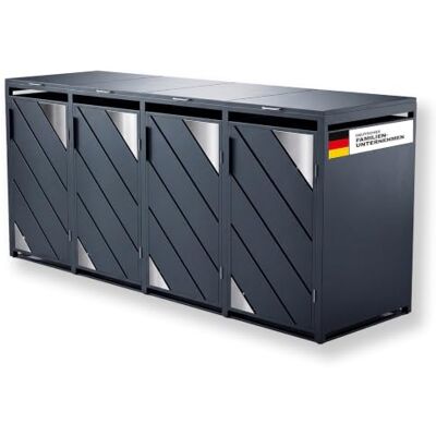 Metzler Mülltonnenbox 4er 240L Anthrazit mit Edelstahl Akzenten Mülltonnenverkleidung für 4 Tonnen aus verzinktem Stahl wetterfest mit Automatikdeckel und Soft Close Metzler Mülltonnenbox 4er 240L Anthrazit mit Edelstahl Akzenten Mülltonnenverkleidung für 4 Tonnen aus verzinktem Stahl wetterfest mit Automatikdeckel und Soft Close