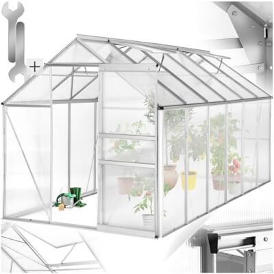 tectake ® Aluminium Gewächshaus, 375x185x195 cm, Treibhaus, Tomatenhaus, Frühbeet, Pflanzenhaus, UV beständig, 4 mm Platte, Schiebetür & Dachfenster, Schutz vor Kälte, Regen und Frost ohne Fundament tectake ® Aluminium Gewächshaus, 375x185x195 cm, Treibhaus, Tomatenhaus, Frühbeet, Pflanzenhaus, UV beständig, 4 mm Platte, Schiebetür & Dachfenster, Schutz vor Kälte, Regen und Frost ohne Fundament