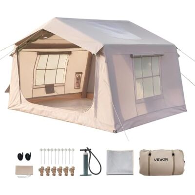 VEVOR Aufblasbares Zelt Glamping Luftzelt 3-5 Personen mit Pumpe Beige Für Outdoor-Aktivität Wasserabweisendes 420D Oxford-Gewebe Dachfenster Ofenrohrdurchführung Netzfenster & Tragetasche VEVOR Aufblasbares Zelt Glamping Luftzelt 3-5 Personen mit Pumpe Beige Für Outdoor-Aktivität Wasserabweisendes 420D Oxford-Gewebe Dachfenster Ofenrohrdurchführung Netzfenster & Tragetasche
