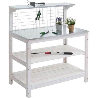 Mendler Pflanztisch HWC-N55 117x102x56cm Holz weiß Gärtnertisch, Blumentisch, Pflanzregal, FSC®-Zertifiziert, verzinkte Platte Mendler Pflanztisch HWC-N55 117x102x56cm Holz weiß Gärtnertisch, Blumentisch, Pflanzregal, FSC®-Zertifiziert, verzinkte Platte