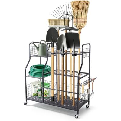 VEVOR Gartengeräte Ständer 1050x435x1005mm Gerätehalter mit Rollen Schwarz Aufbewahrungsregal für Garage Schuppen Garten, Stahl-Organizer für Besen, mit 3 Ablagefächern Haken & Doppelschichtschlitzen VEVOR Gartengeräte Ständer 1050x435x1005mm Gerätehalter mit Rollen Schwarz Aufbewahrungsregal für Garage Schuppen Garten, Stahl-Organizer für Besen, mit 3 Ablagefächern Haken & Doppelschichtschlitzen