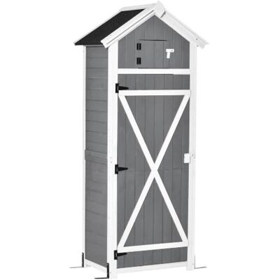Outsunny Gartenschrank Holz Wetterfest Gerätehaus Tür 78x52,5x182cm Grau Geräteschuppen mit Satteldach, Gartenschuppen mit Faltbar Tisch, Haken, Werkzeugschrank, für Terrasse, Garten Outsunny Gartenschrank Holz Wetterfest Gerätehaus Tür 78x52,5x182cm Grau Geräteschuppen mit Satteldach, Gartenschuppen mit Faltbar Tisch, Haken, Werkzeugschrank, für Terrasse, Garten