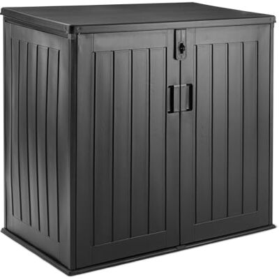 Amazon Lagerschuppen, Mülltonnenbox für Zwei 120-Liter-Tonnen, Wetterbeständig, 116cm x 70,5cm x 112,8cm, Schwarz Amazon Lagerschuppen, Mülltonnenbox für Zwei 120-Liter-Tonnen, Wetterbeständig, 116cm x 70,5cm x 112,8cm, Schwarz